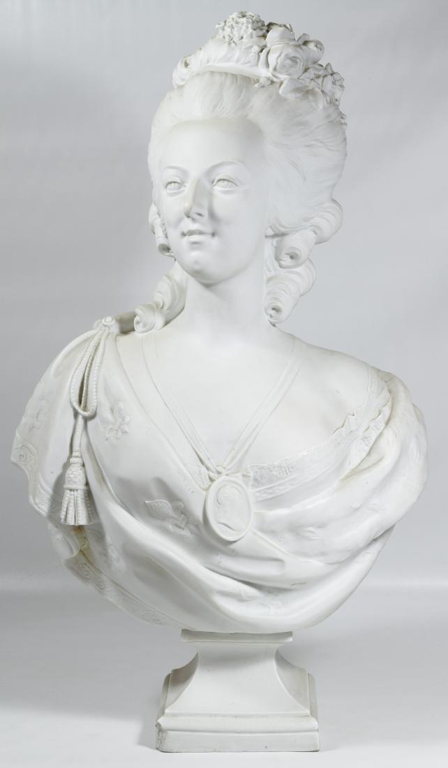 (After) Felix Lecomte (French, 1737-1817) Marie: (After) Felix Lecomte (French, 1737-1817) Marie Antoinette Ceramic Bust 20th Century, signed on the back Height: 29.00 inches, Width: 17.00 inches, Depth: 10.00 inches Category: Decorative Arts > Stat