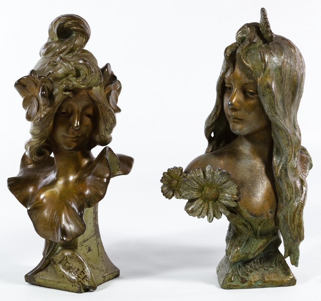 (After) Julien Causse (French, 1869-1914) 'Pensee': (After) Julien Causse (French, 1869-1914) 'Pensee' Spelter Bust Two items including the 'J. Causse' signed 'Pensee' bust of a female and a 'Marguerite' female bust with flowers signed on left shoulder