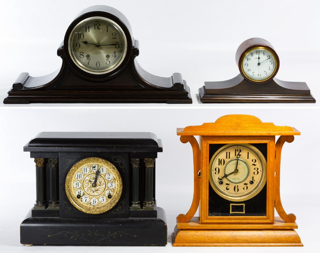 Mantel Clock Assortment: Mantel Clock Assortment Four items including a Sessions Clock Co. painted wood eight day clock with pendulum, a mahogany New Haven Clock Co. chiming clock with pendulum, a mahogany Ansonia eight day w