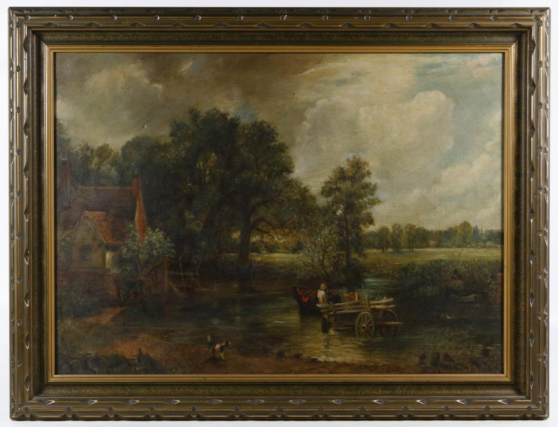(After) John Constable (British, 1776-1837) 'The Hay: (After) John Constable (British, 1776-1837) 'The Hay Wain' Oil on Canvas Dated 1912 in pen en verso, depicting a house with a dog and a horse pulling a hay wagon with two people on it; Stix, Baer & Fu