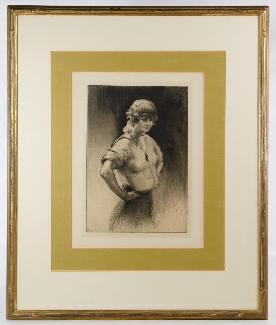 Edgar Chahine (French, 1874-1947) 'Gigolette' Etching: Edgar Chahine (French, 1874-1947) 'Gigolette' Etching Undated, pencil signed lower left, pencil numbered 40/50, depicting a female with her hands on her hips Height: 14.75 inches, Width: 11.00 inches