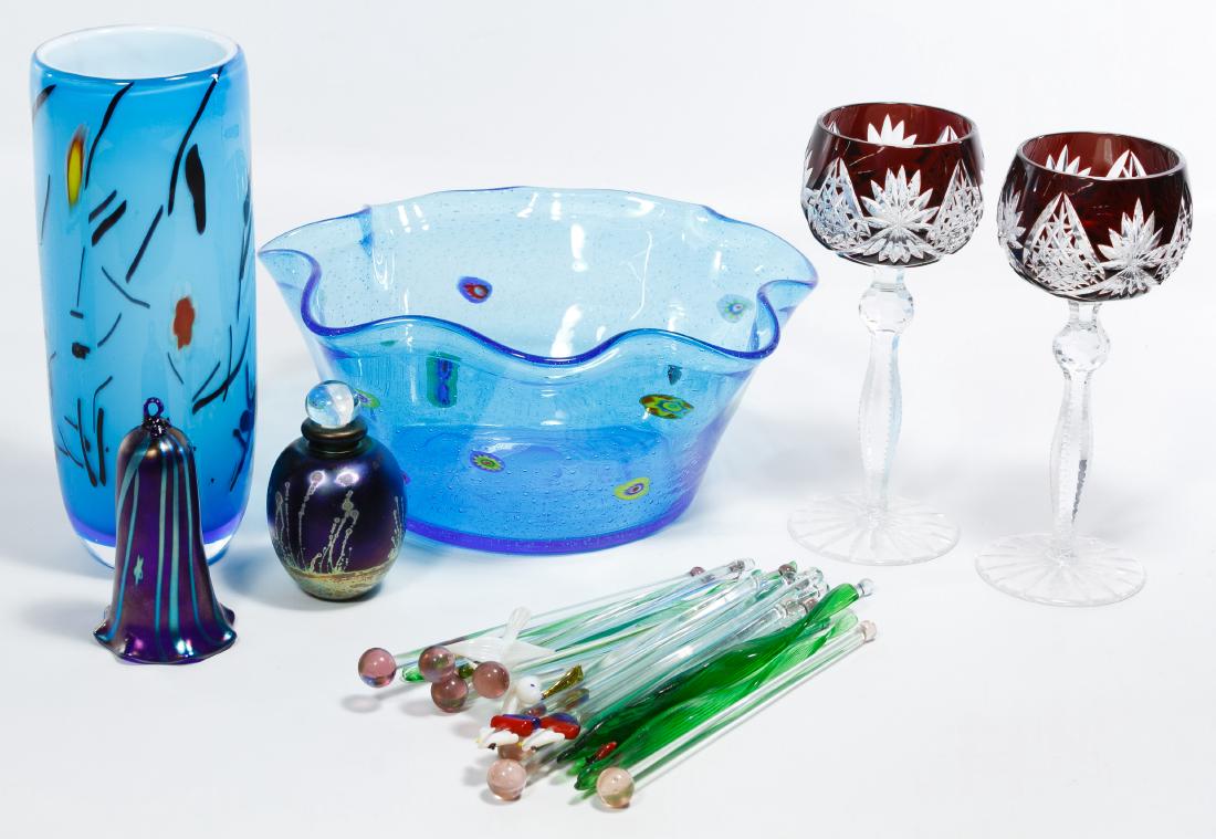 Art Glass Assortment: Art Glass Assortment Twenty-six items including (22) drink stir sticks, 1988 Eickholt perfume bottle, blue vase, blue bowl with ruffled edge and 1986 art glass in the shape of a bell illegibly signed