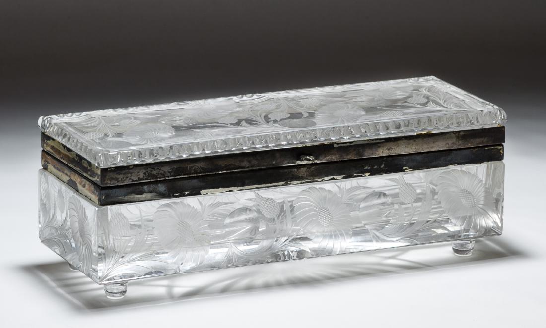 American Brilliant Cut Glass Glove Dresser Box: American Brilliant Cut Glass Glove Dresser Box 20th Century, attributed to J.D. Bergen, having a footed base and flower motif Height: 4.00 inches, Width: 11.00 inches, Depth: 4.00 inches Category: Cry