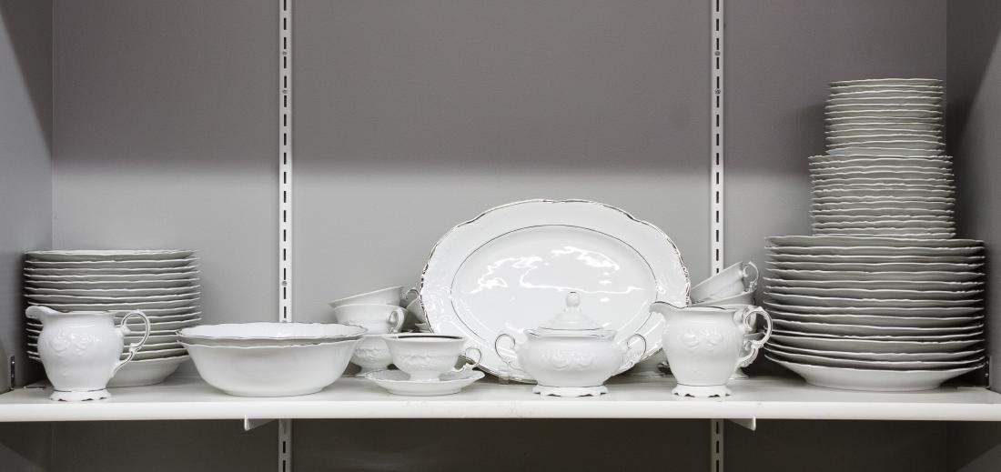 Walbrzych 'Vendone' China Service: Walbrzych 'Vendone' China Service Including (16) dinner plates, (15) dessert plates, (14) cups, (13) saucers, (16) soup bowls, (2) serving bowls, (2) serving platters, (2) creamers and a sugar Diamete