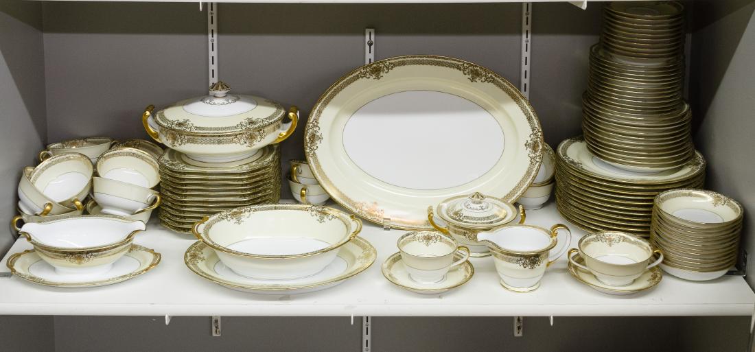 Noritake 'Gold Grande' China Service: Noritake 'Gold Grande' China Service Including: (12) dinner plates, (12) cups, (12) saucers, (12) fruit bowls, (12) soup cups, (12) soup plates, (11) salad plates, (12) dessert plates and (7) serving 