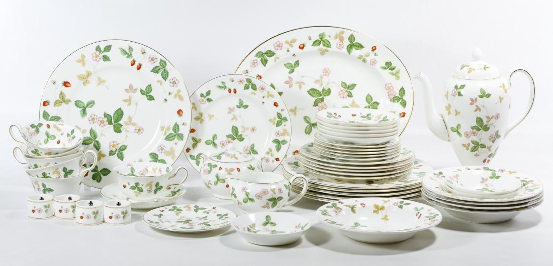 Wedgwood 'Strawberry' China Service: Wedgwood 'Strawberry' China Service Forty-six pieces including (6) dinner plates, (6) dessert plates, (6) bread plates, (6) coffee cups, (6) saucers, (5) soup bowls, (3) fruit bowls, (4) napkin rings,