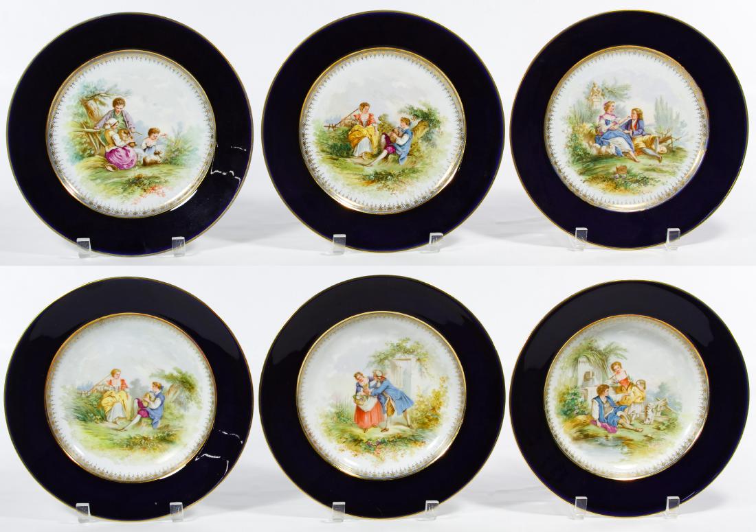 Contemporary Sevres Bowls and Underplates: Contemporary Sevres Bowls and Underplates Including (3) bowls and (3) underplates with cobalt blue rims and printed images in the centers; all marked 'Bleu de Sevres' on the undersides Diameter: 10.00