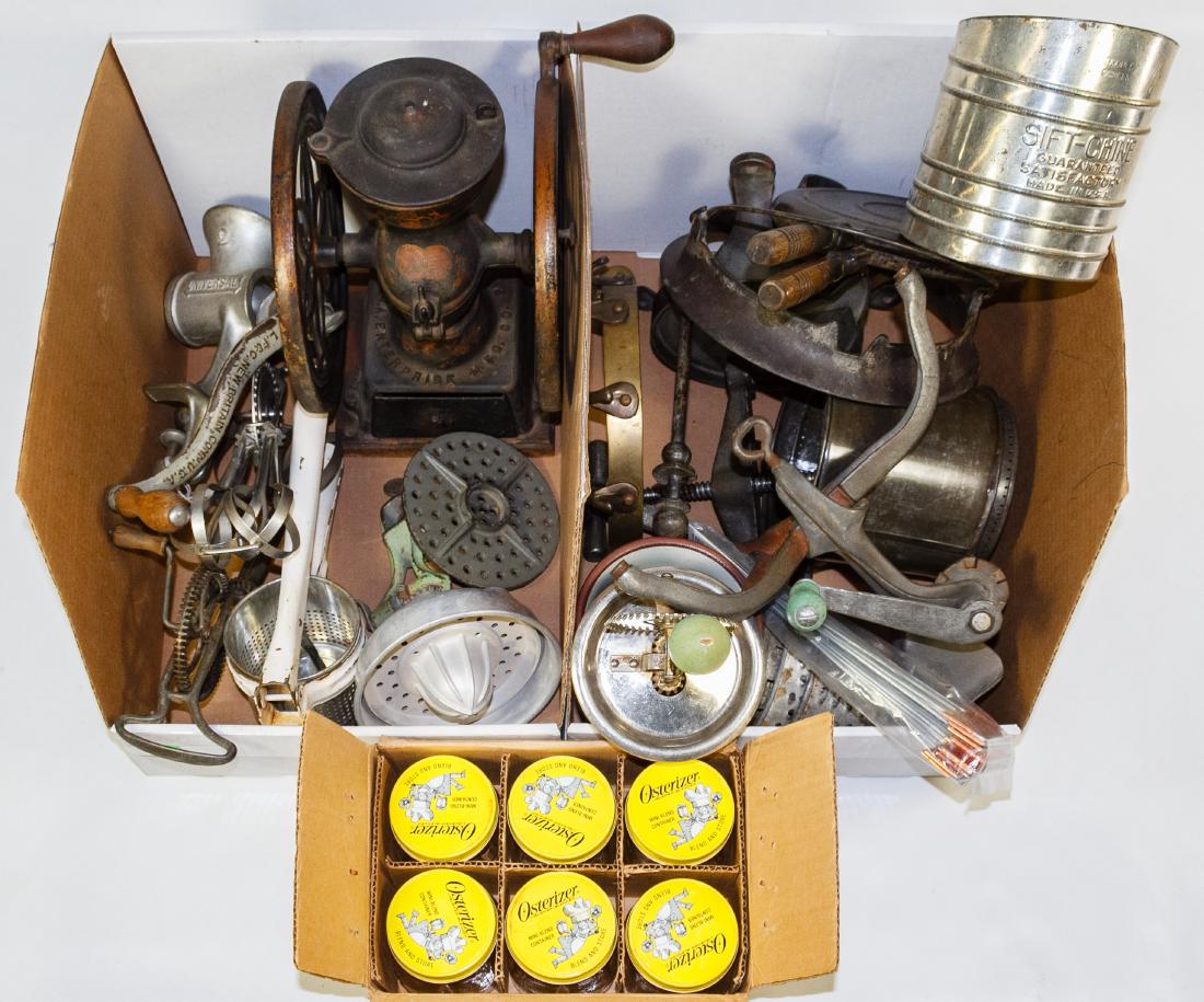 Enterprise Cast Iron Coffee Grinder: Enterprise Cast Iron Coffee Grinder Having the original 1876 exhibition decals, cast iron drawer and wooden base; together with flour sifters, graters, mixers and a waffle pan Height: 13.00 inches, Wi