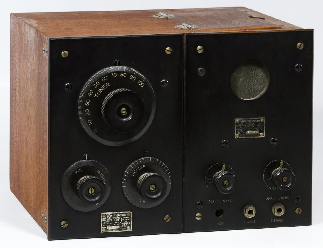 Westinghouse Receiving Tuner and Amplifier: Westinghouse Receiving Tuner and Amplifier c.1921, housed in a walnut case with a 'Receiving Tuner Type RA' plaque on the left side and a 'Detector Amplifier Type DA' plaque on the right side of the k