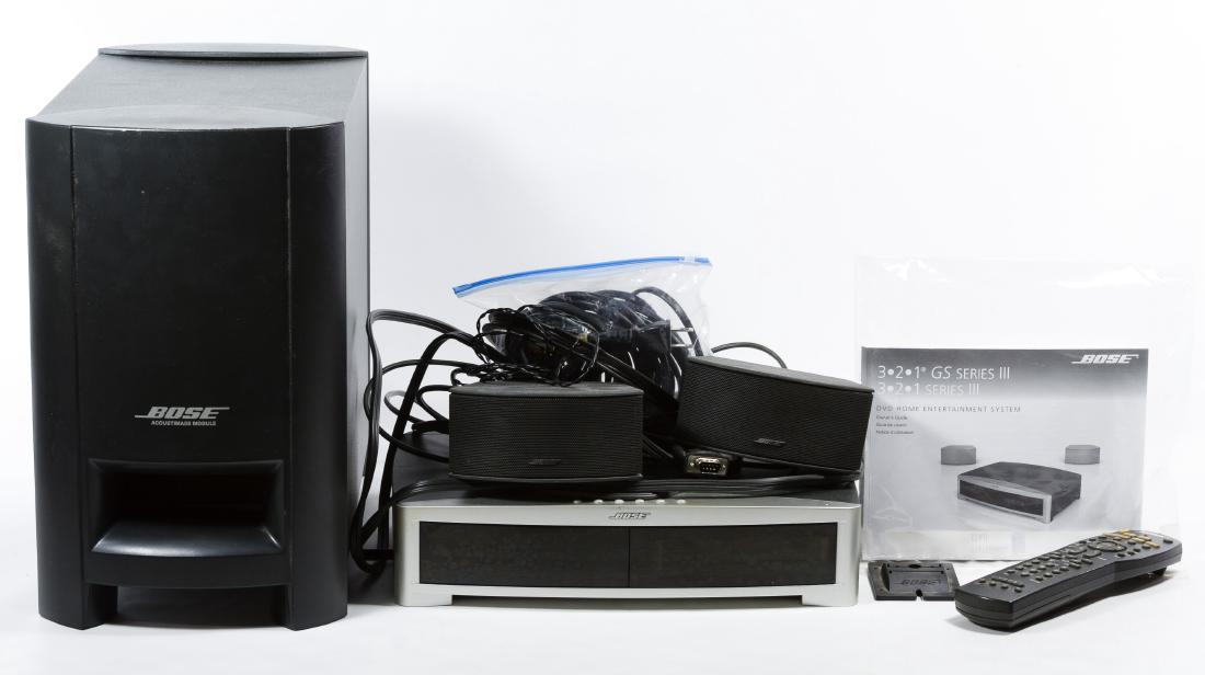 Bose 321 GS Series III Home Entertainment System: Bose 321 GS Series III Home Entertainment System Five items including a media center with serial #049331F828703228AE, two speakers, an Acoustimass module with serial #049400982831760AS and remote; tog