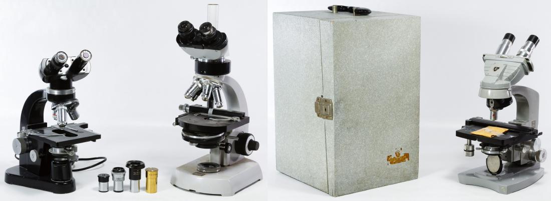 Microscope Assortment: Microscope Assortment Three microscopes including Carl Zeiss #4767491, Ernst Leitz Wetzlar #517408 and American Optical Co. microscope with wood case; together with microscope accessories Height: 16.5