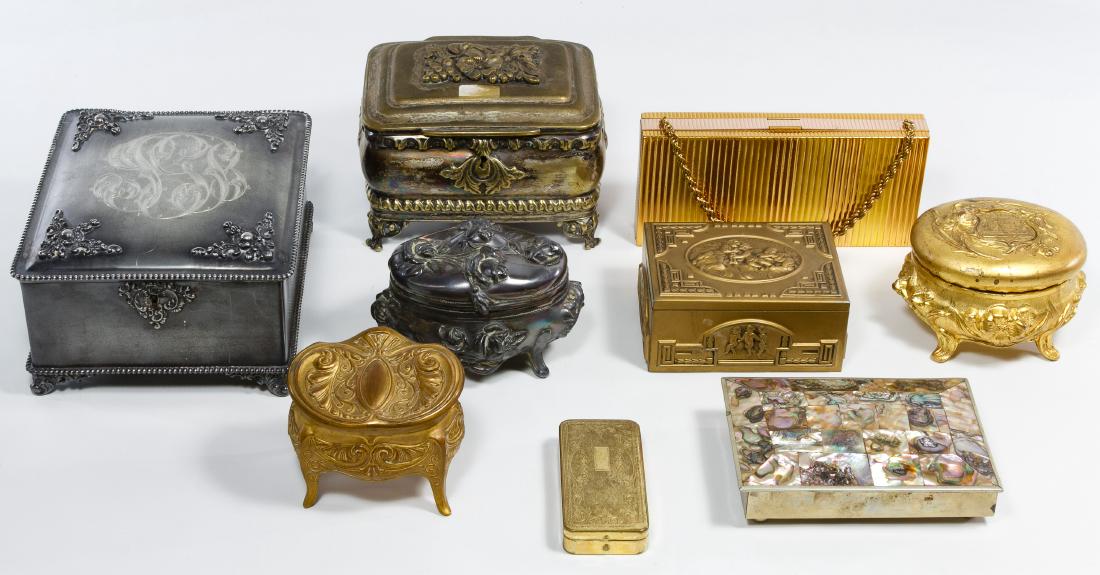 Compact and Dresser Box Assortment: Compact and Dresser Box Assortment Eight items including an oval gilt Fort Snelling box marked 'K & Co.' on the underside, a monogrammed Rockford Silver Plate Co. box, a 1904 marked silver tone oval b