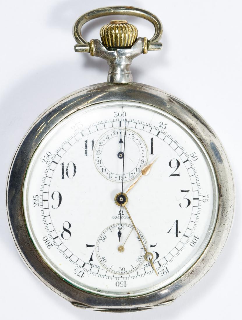 Omega Coin Silver (.900) Open Face Pocket Watch: Omega Coin Silver (.900) Open Face Pocket Watch Having a 15-jewel movement with chronograph functions Diameter: 2.13 inches Size: 18s Weight: 3.67 ozt. (total weight) Category: Watches > Men's Pocket 
