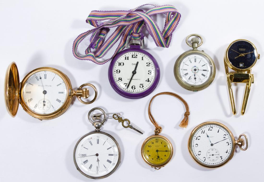 Pocket and Pendant Watch Assortment: Pocket and Pendant Watch Assortment Five items including Hampden Watch Co. hunter case pocket watch serial #818058 17-jewel stem wind movement, Elgin open face pocket watch, Elgin pendant watch, NB si