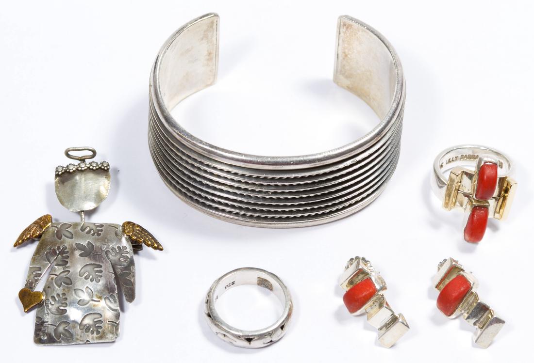 Signed Sterling Silver Jewelry Assortment: Signed Sterling Silver Jewelry Assortment Including a Tom Hawk wide cuff bracelet, an Erika angel pendant, a Lois Hill ring and Lilly Barrack 14k gold and sterling ring and pierced earring set having 