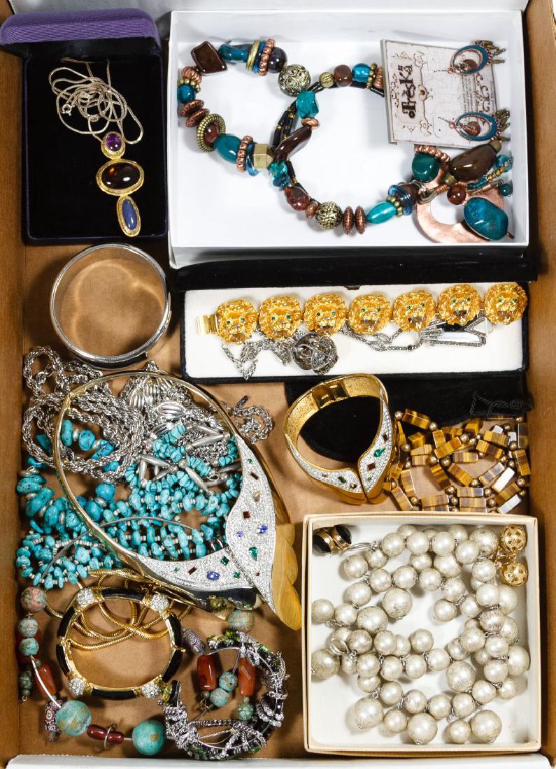Signed Costume Jewelry Assortment: Signed Costume Jewelry Assortment Including necklaces, bracelets and earrings; some having rhinestones, tiger eye or turquoise; some signed including Judith Leiber, Judith Jack, Lewis Segal and Ciner