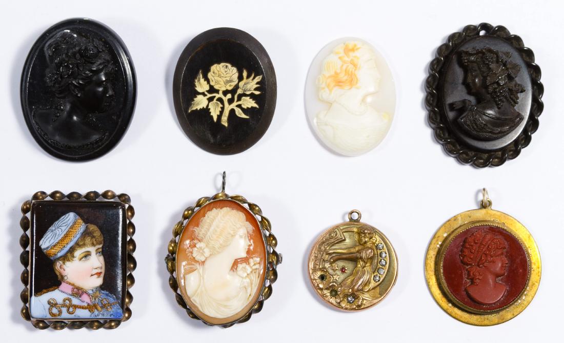 Cameo / Pin / Pendant Assortment: Cameo / Pin / Pendant Assortment (8) pieces including carved shell, bakelite, hand painted and inlaid Length: 1.75 inches (carved shell pin) Category: Silver & Costume Jewelry > Costume Shipping Statu