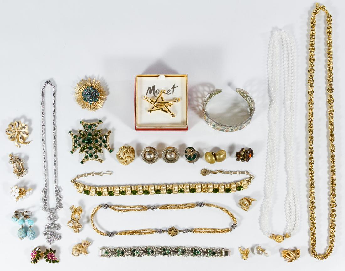 Signed Costume Jewelry Assortment: Signed Costume Jewelry Assortment Including necklaces, clip earrings, brooches and a bracelet with examples from Miriam Haskell, Weiss, Marboux, Monet and Trifari Length: 30.00 inches (necklace) Categ