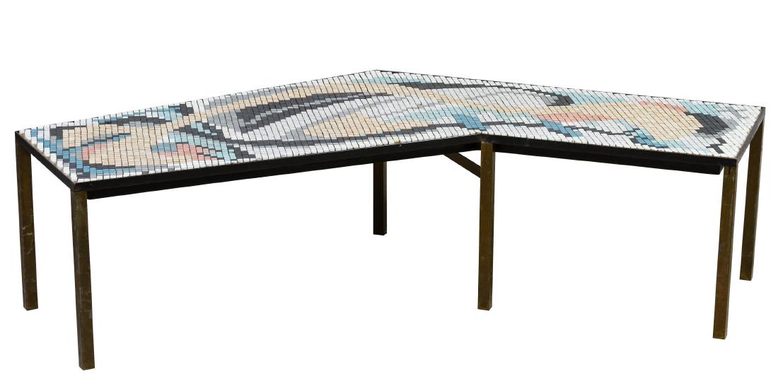 MCM Tile Top Coffee Table: MCM Tile Top Coffee Table Boomerang shaped table with six-legged metal base and multi-colored small tiles as surface Height: 16.00 inches, Length: 63.00 inches, Width: 32.00 inches Category: Furniture