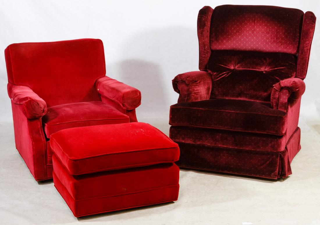 Upholstered Chairs and Ottoman: Upholstered Chairs and Ottoman Three items including a scarlet red velvet covered square back arm chair with matching ottoman and a Lazy Boy rocker recliner in burgundy upholstery Height: 40.00 inches
