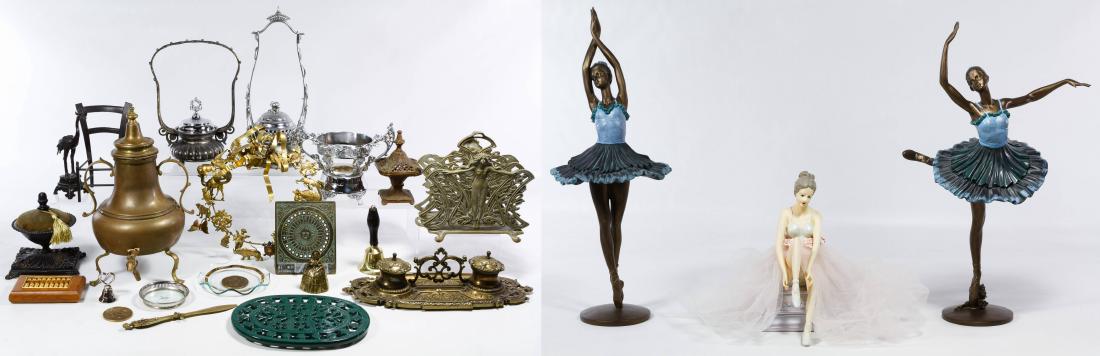 Decorative Metalware and Ballerina Statue Assortment: Decorative Metalware and Ballerina Statue Assortment Including an inkwell, castors, an Art Nouveau style holder, bells, a brass samovar, a cast iron pin cushion, a trivet, a metal chair; (2) blue and