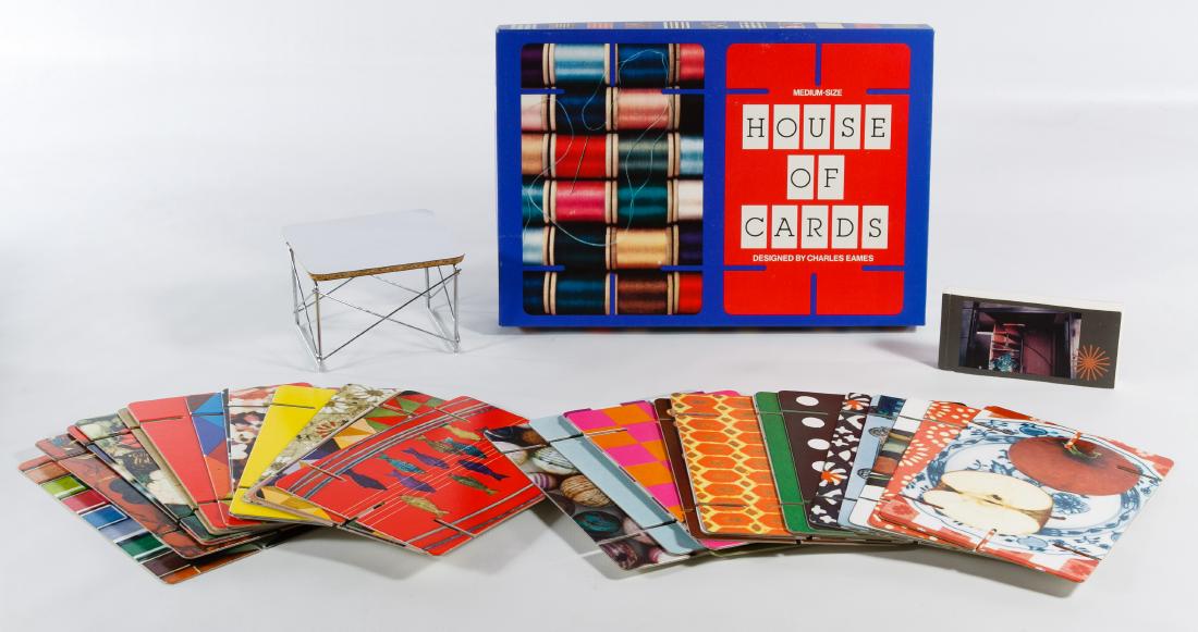 Charles Eames 'House of Cards' Game: Charles Eames 'House of Cards' Game Including a medium sized boxed House of Cards game with (32) cards used to build a structure, an 'Eames House Flip Tour' optical toy book and a miniature Eames desi