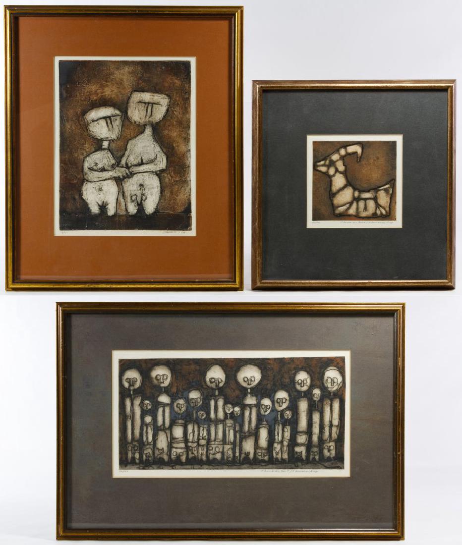 J. Demarais (20th Century) Print Assortment: J. Demarais (20th Century) Print Assortment Three undated images, signed lower right; #18/200 depicts a couple, #50/100 depicts a totem style figural grouping and #86/150 depicts a ram Height: 8.00 in