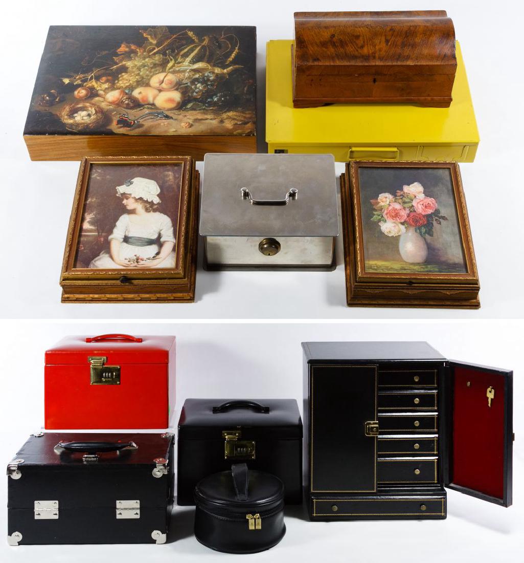 Jewelry and Trinket Box Assortment: Jewelry and Trinket Box Assortment Including (2) vinyl combination lock boxes, (2) black compartmentalized cases, a vinyl black make-up bag, (4) wooden boxes, a chrome locking box and a Kar Products b