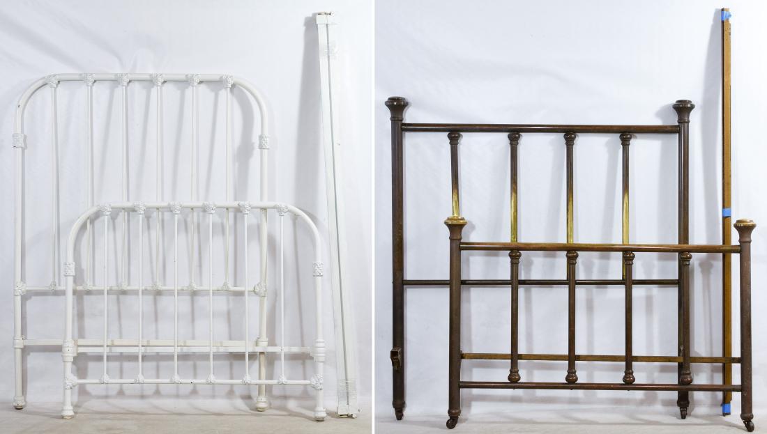Brass and Iron Bed Frames: Brass and Iron Bed Frames Including headboard, footboard and rails for a full size brass bed and a 3/4 size painted iron bed Height: 59.00 inches, Width: 55.00 inches, Depth: 79.00 inches (brass bed)