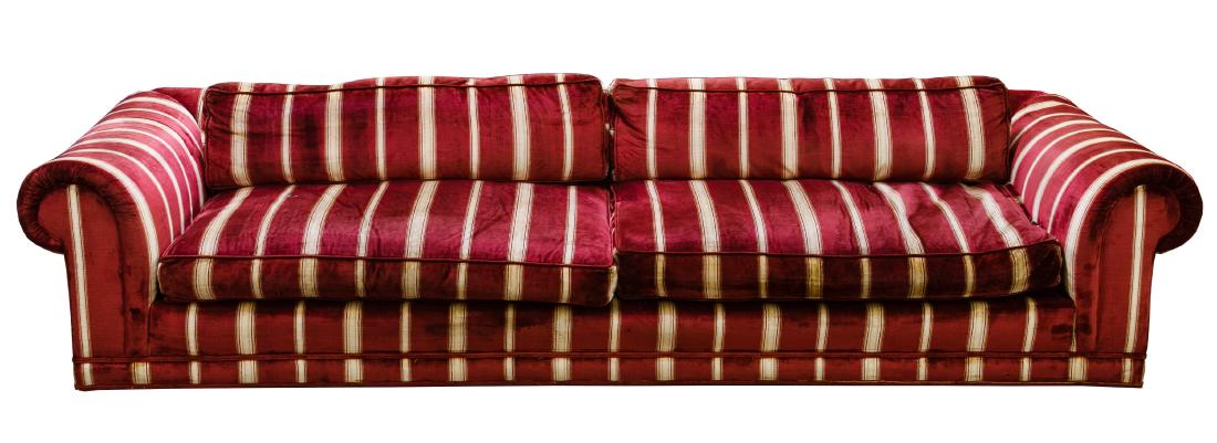 MCM Sofa by John Widdicomb: MCM Sofa by John Widdicomb Having two seat cushions, two back cushions and rolled arms; upholstered in striped velvet; maker mark under seat cushions; on castors Height: 24.00 inches, Length: 112.00 i