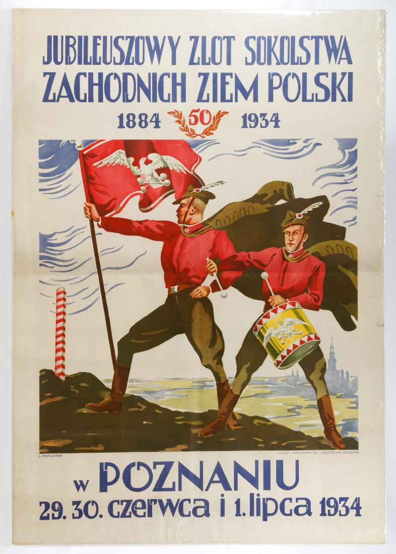Leon Prauzinski (Poland, 1895-1940) Polish War Poster: Leon Prauzinski (Poland, 1895-1940) Polish War Poster 1934, printed name lower left, depicting one soldier with a flag and one soldier with a drum Height: 39.50 inches, Width: 27.50 inches (poster) Ca