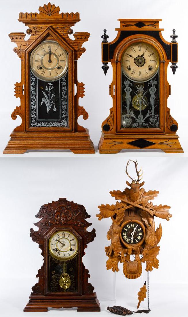 Mantel and Wall Clock Assortment: Mantel and Wall Clock Assortment Four clocks including (3) mantel clocks with examples from Ansonia and Waterbury Clock Co. and a black forest style wall clock with pendulum and weights; all three man