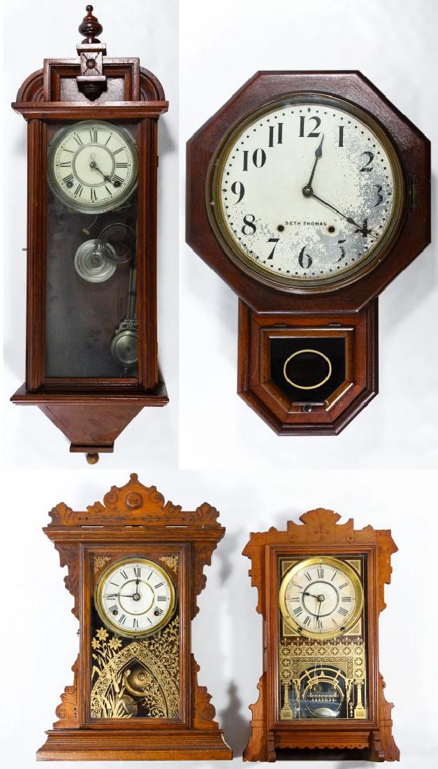 Wall and Mantel Clock Assortment: Wall and Mantel Clock Assortment Two mantel clocks by Seth Thomas, one wall clock by Seth Thomas and one wall clock by Waterbury Clock Co.; some having keys or pendulum Height: 30.50 inches, Width: 10