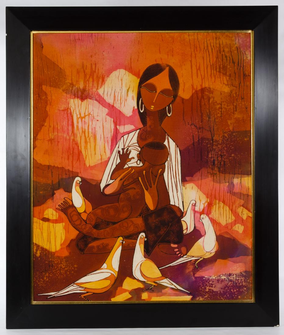 African School (20th Century) Batik Painting on Silk: African School (20th Century) Batik Painting on Silk c.1970, illegibly signed lower right, depicting a mother feeding a child; having a Kato Tokyo framer's sticker en verso Height: 25.00 inches, Width
