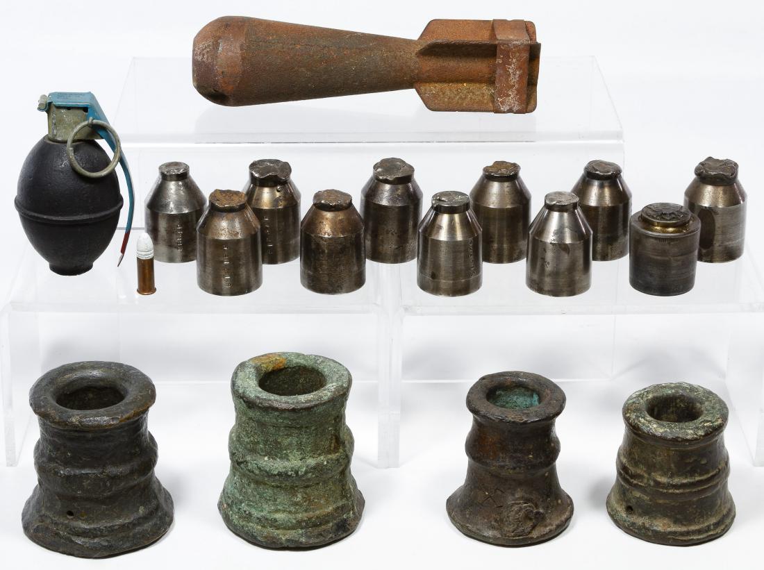 Civil War to Vietnam War Era Shells, Dies and Grenade: Civil War to Vietnam War Era Shells, Dies and Grenade Assortment Including (4) Civil War era shell parts, (10) World War II uniform coin dies, World War II button die and a Vietnam era grenade Height: