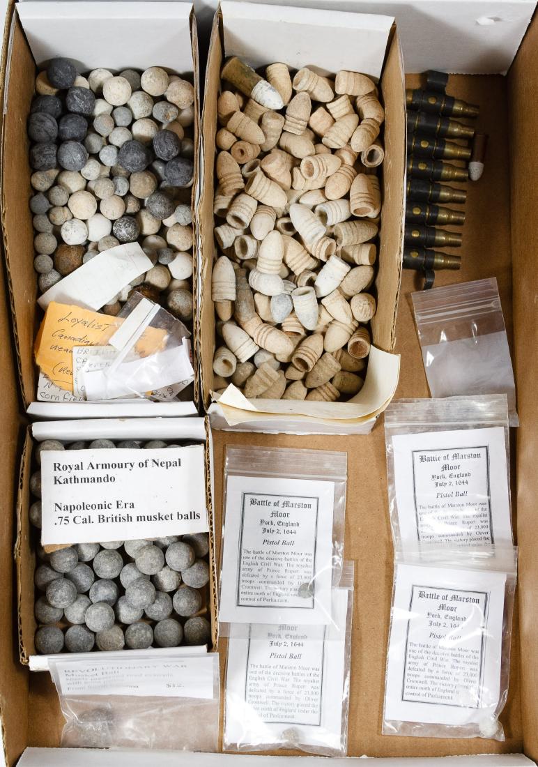 Revolutionary War to Civil War Era Musket Ball: Revolutionary War to Civil War Era Musket Ball Assortment Including musket balls and shell fragments from the American Revolutionary War sites, Napoleonic era British musket balls, English Civil War p