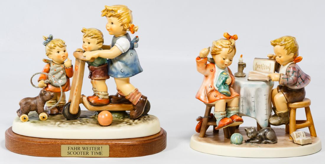Hummel / Goebel Figurines: Hummel / Goebel Figurines Two Hummel Club special edition figurines including a 2002 #2070 'Scooter Time' with base and a 2006 #753 'Togetherness' Height: 6.75 inches (tallest) Category: Collectibles 