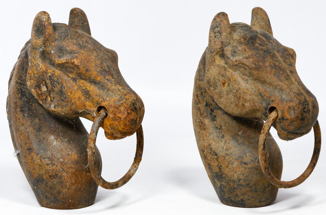 Cast Iron Horse Head Hitching Post Finials: Cast Iron Horse Head Hitching Post Finials A pair of horse heads with rings in their mouths Height: 9.00 inches, Width: 7.00 inches (both) Category: Collectibles > Primitives Shipping Status: Leonard 