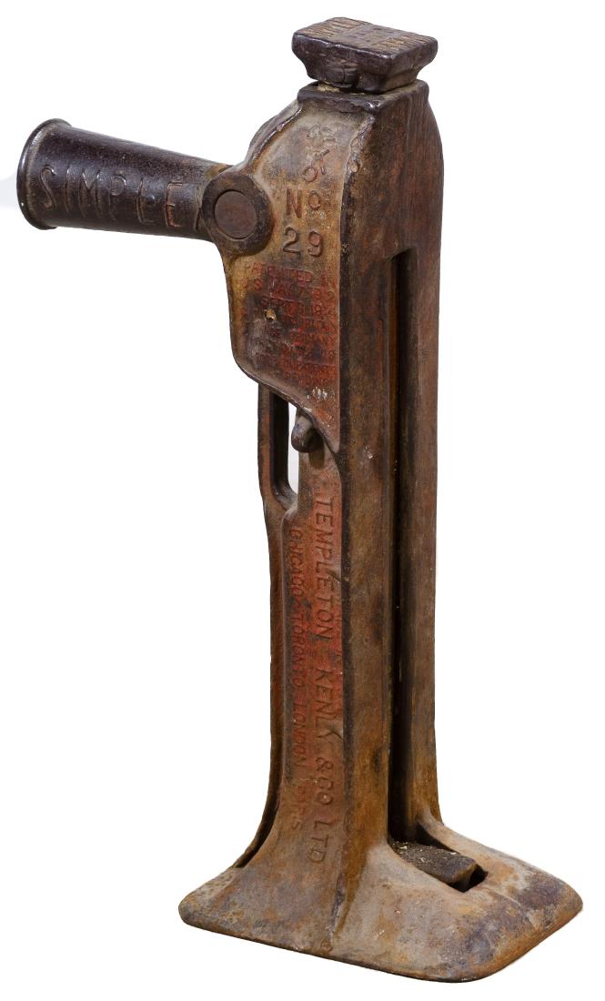 Simplex #29 Railroad Jack by Templeton Kenley & Co.: Simplex #29 Railroad Jack by Templeton Kenley & Co. Heavy cast iron ratchet jack Height: 29.00 inches, Width: 8.00 inches, Depth: 17.00 inches Category: Collectibles > Primitives Tax Status: Subject t