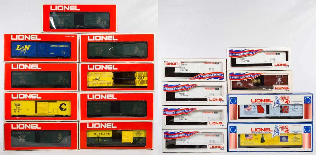 Lionel O-Gauge Plastic Model Toy Train Car Assortment: Lionel O-Gauge Plastic Model Toy Train Car Assortment Including (5) Ford Motorcraft cars #9042, box car 9230, 'Spirit of '76' box car 7609 and 7604, cars 6-9710, 6-9726, 6-9740 and 6-9752 and (5) Minn