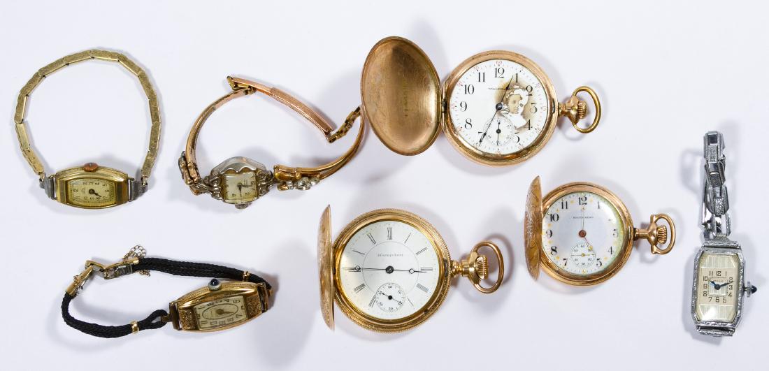 Gold Filled Pocket and Wrist Watch Assortment: Gold Filled Pocket and Wrist Watch Assortment Including a Gruen ladies wrist watch with four tiny diamond chips and pocket watches including 1908 Waltham, South Bend and Hampden Length: 1.50 inches (W