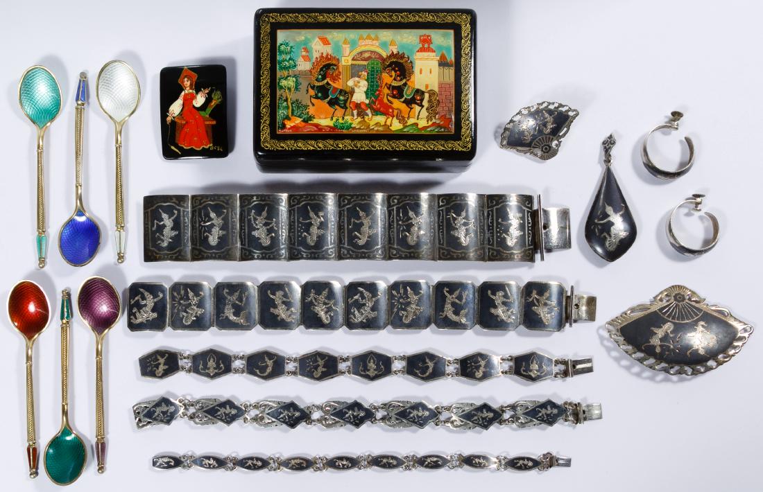 Sterling Silver Jewelry and Spoon Assortment: Sterling Silver Jewelry and Spoon Assortment Sixteen items including ten Siam sterling silver jewelry pieces and six enamel spoons by A. Michelsen; together with a wood lacquer jewelry box and pin Wei