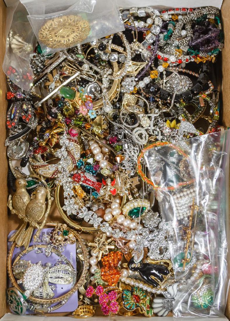 Rhinestone Costume Jewelry Assortment: Rhinestone Costume Jewelry Assortment Including including bracelets, pins, pendants and earrings; together with a marked 9k gold pin and Miriam Haskell brooch Weight: 0.12 ozt. Category: Silver & Cost