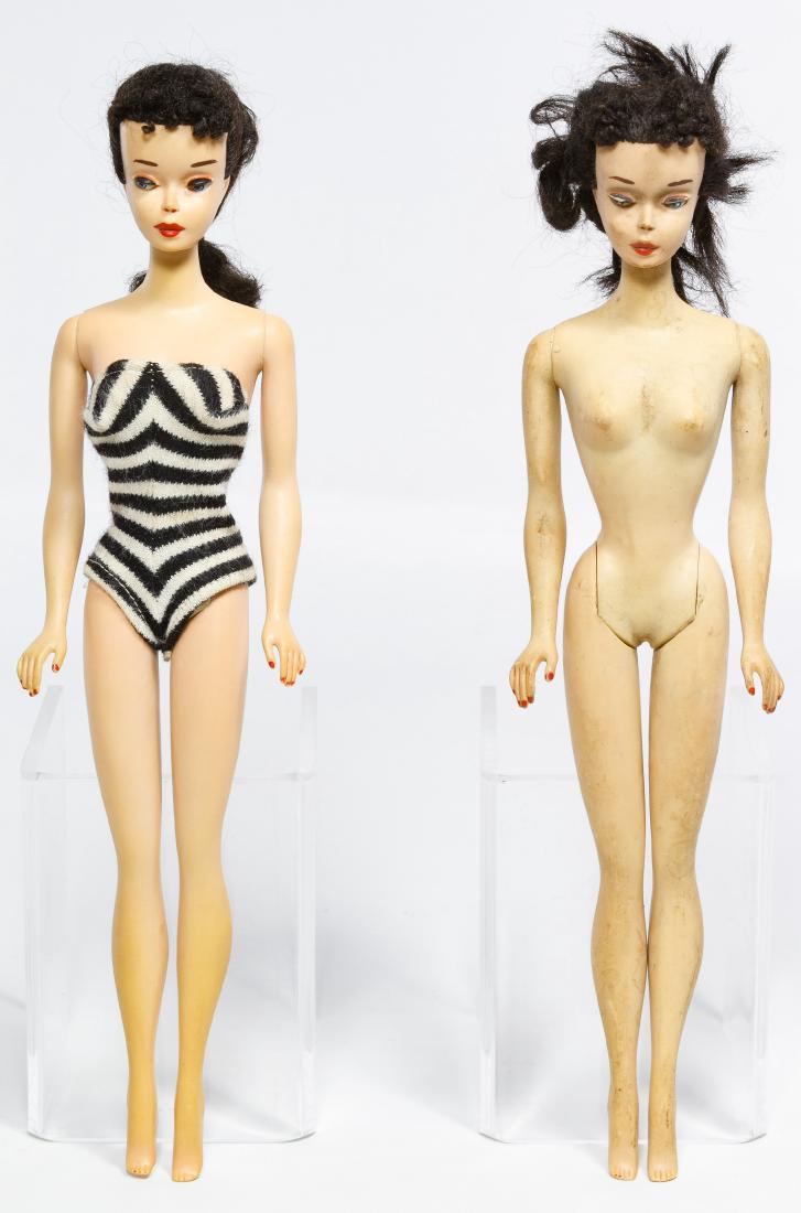 Mattel #3 Brunette Ponytail Barbie Dolls: Mattel #3 Brunette Ponytail Barbie Dolls c.1960; dolls with reddish brown eyeliner, 'Barbie T.M.' body marks and solid bodies Height: 11.50 inches Category: Collectibles > Dolls Shipping Status: Leona