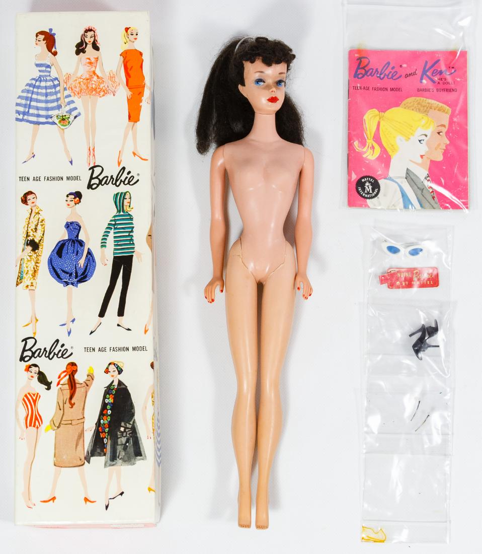Mattel #4 Ponytail Brunette Barbie: Mattel #4 Ponytail Brunette Barbie c.1960; having the 'Barbie T.M.' mark on the body, solid body, blue irises, red nail polish, pearl earrings, wrist tag, sunglasses, shoes and 'Barbie R' marked box a