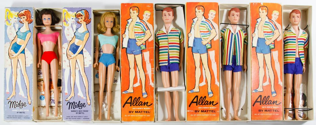 Mattel Allan and Midge Dolls: Mattel Allan and Midge Dolls Five (Barbie friend) dolls in original boxes and clothes including a 1963 brunette Midge, a 1964 blonde Midge and (3) 1964 Allan dolls Height: 12.00 inches (male dolls) Ca
