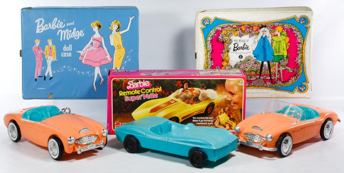 Mattel Barbie Car and Wardrobe Case Assortment: Mattel Barbie Car and Wardrobe Case Assortment Including a 1963 Barbie and Midge case, a 1968 World of Barbie case, a 1979 Barbie Remote Control 'Super'Vette' car in original box, two Barbie cars and