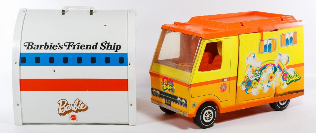 Mattel Barbie Car, Camper and Friend Ship Assortment: Mattel Barbie Car, Camper and Friend Ship Assortment Five items including the c.1973 United Friend Ship #8639 with serving cart, (2) 1972 Country Campers with one having furnishings, an peach Austin-H