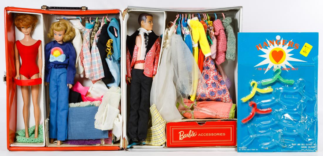 Mattel Barbie, Ken and Midge Doll Assortment: Mattel Barbie, Ken and Midge Doll Assortment Including a 1964 titian bubblecut Barbie, a 1964 blonde Midge and a 1963 molded hair Ken doll, a Barbie and Ken doll case, a Barbie wedding gown and home m