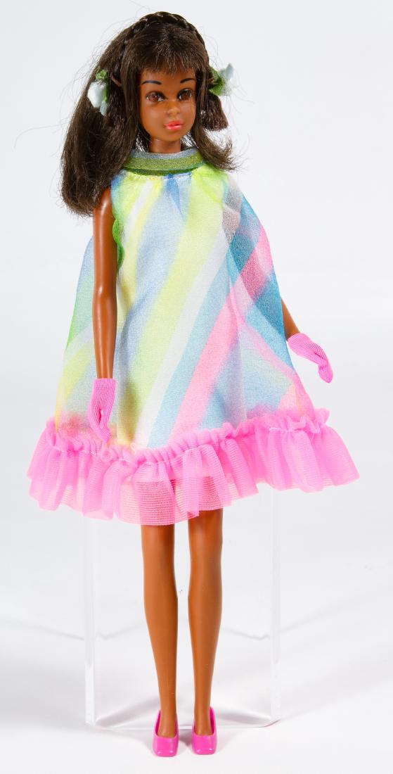 Mattel Black African-American Francie Doll: Mattel Black African-American Francie Doll Having the 1966 Mattel Inc. backside mark, rooted eyelashes, bendable legs and a Francie tagged dress; Barbie family doll Height: 11.25 inches Category: Coll